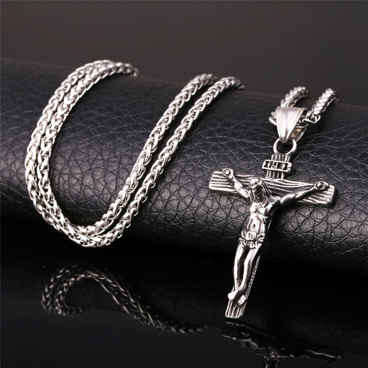Stainless Steel Jesus Christ Crucifix Cross Pendant Chain Men Necklace