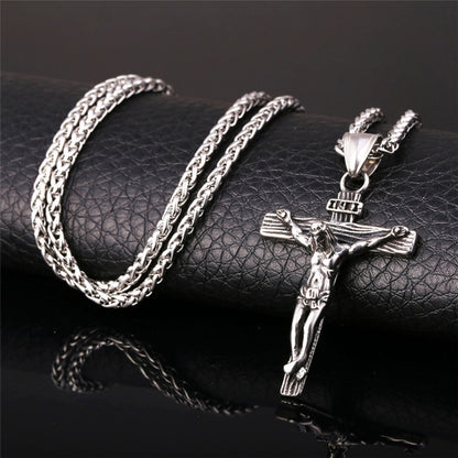 Stainless Steel Jesus Christ Crucifix Cross Pendant Chain Men Necklace