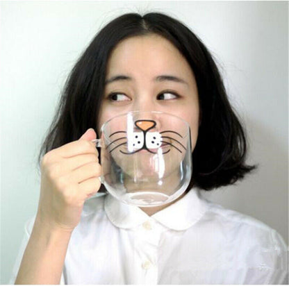 Lovely Glass Cup Cat Face Mugs Coffee Tea Milk Breakfast Mug Creative Drinkware