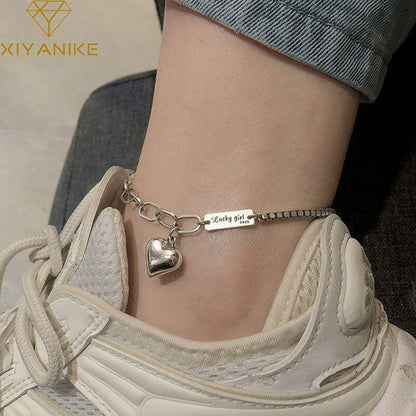 Women's 925 Sterling Silver Love Heart Rolo Link Chain Ankle Foot Bracelet