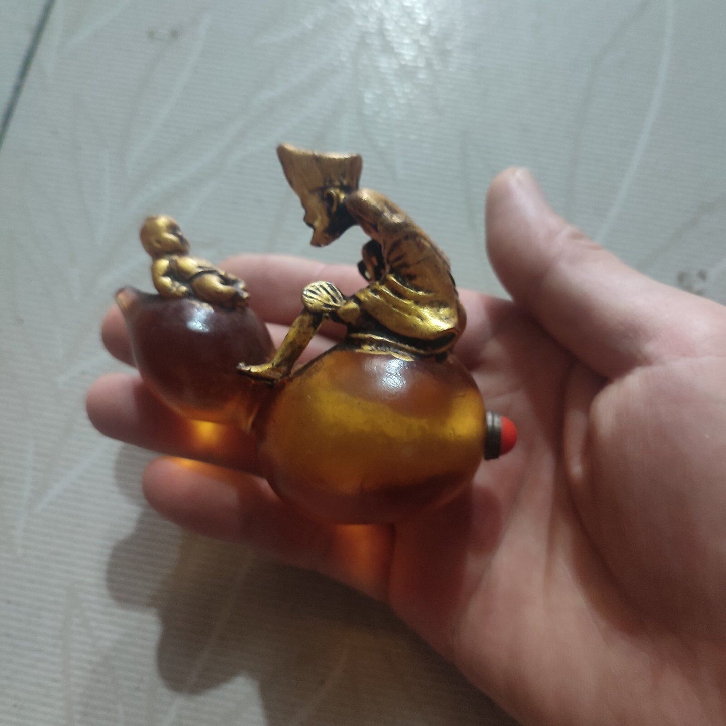 chinese peking glass snuff bottle yellow mad monk buddha statue children box art