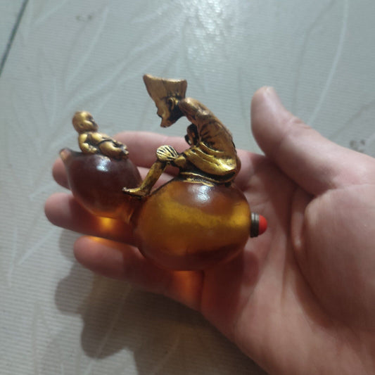 chinese peking glass snuff bottle yellow mad monk buddha statue children box art