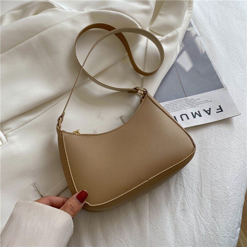 Fashion Handbag Retro Solid Color Leather Shoulder Underarm Bag Casual Handbags