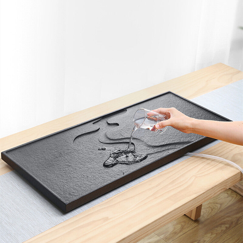 China Black Stone Tea Tray Engraved Serving Tray Water Draining Tea Boat Heavy