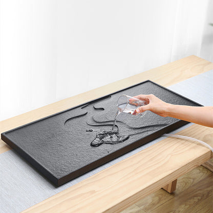 China Black Stone Tea Tray Engraved Serving Tray Water Draining Tea Boat Heavy