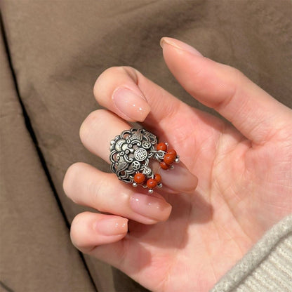 Vintage Chinese Bat Ring Red Agate Bead Hollow Silver Adjustable Retro Band