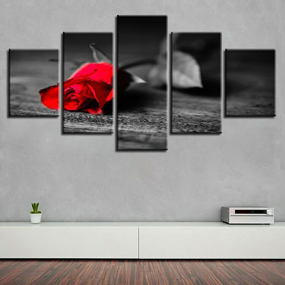 5 Pieces Lonely Red Rose Pictures For Living Room Flower Poster Modular Wall Ar