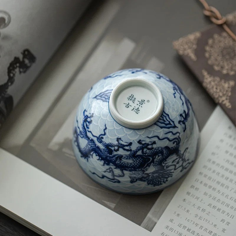 165ml Chinese Blue-and-White Porcelain KungFu Tea Bowl Dragon Pattern Teaware