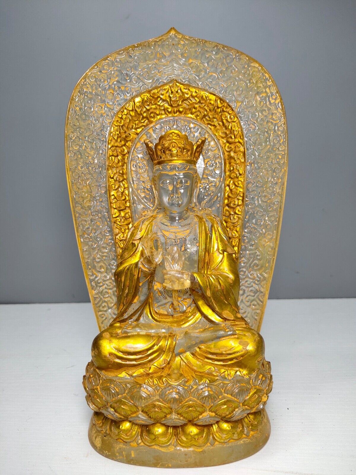 10"Gold Buddha meditation colored glaze Statue Carving glass buddhist large rare