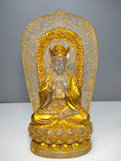 10"Gold Buddha meditation colored glaze Statue Carving glass buddhist large rare