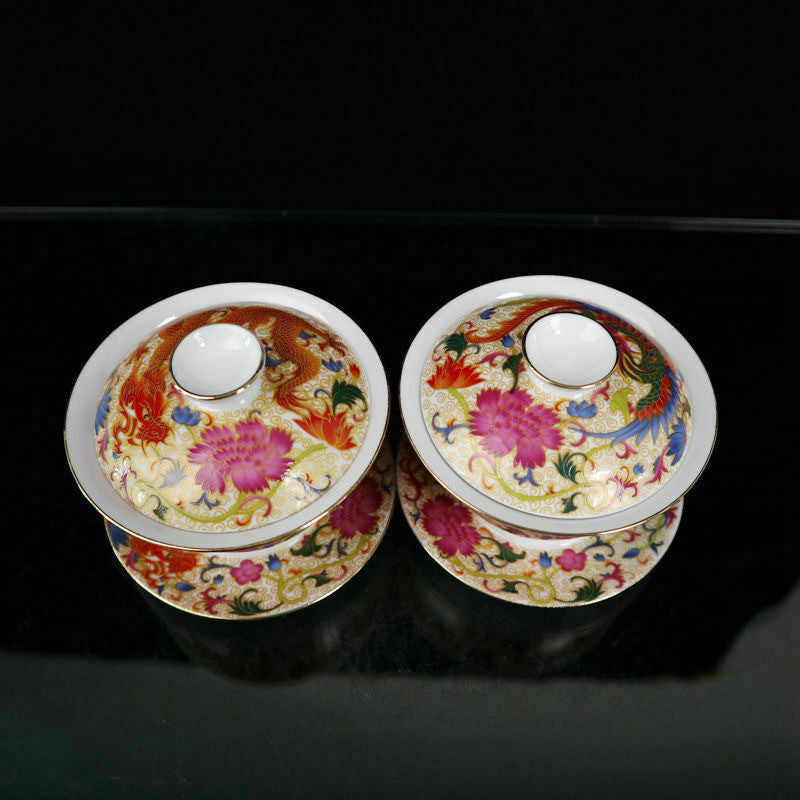 A Pair Chinese Porcelain Gold-painted Pastel Dragon Phoenix Pattern Tea Bowls