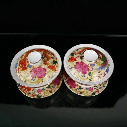 A Pair Chinese Porcelain Gold-painted Pastel Dragon Phoenix Pattern Tea Bowls