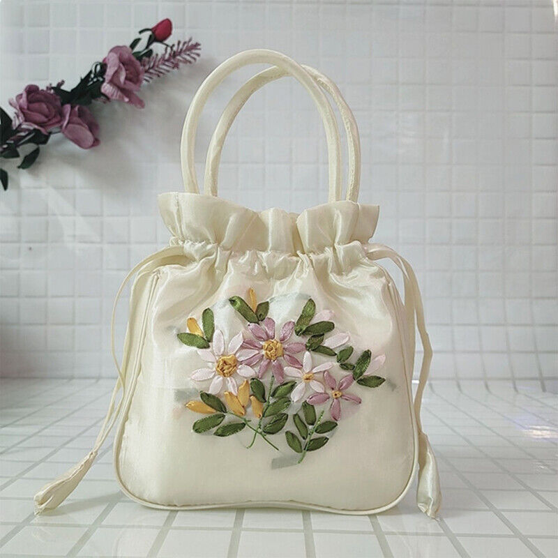 Women Ethnic Embroidered Floral Satin Handbag Girls Drawstring Tote Hanfu Bag