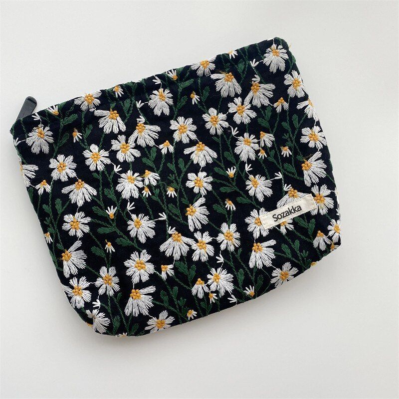 Cosmetic Pouch Embroidery Floral Print Traveling Toiletry Bag Canvas Makeup Case
