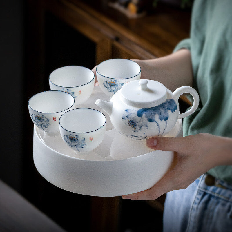 Chinese Tea Set Fat Mutton Jade Porcelain Tea Pot Cup Handpainted Tea Tray New