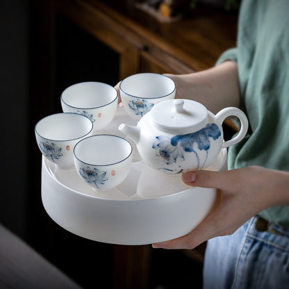 Chinese Tea Set Fat Mutton Jade Porcelain Tea Pot Cup Handpainted Tea Tray New