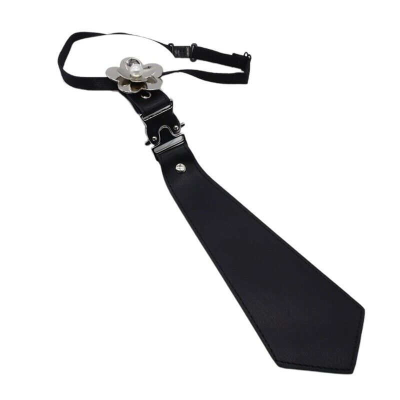 Women Necktie Faux Leather Black Gothic Uniform Pearl Flower Cosplay Bowtie 30cm