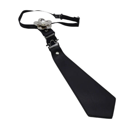 Women Necktie Faux Leather Black Gothic Uniform Pearl Flower Cosplay Bowtie 30cm