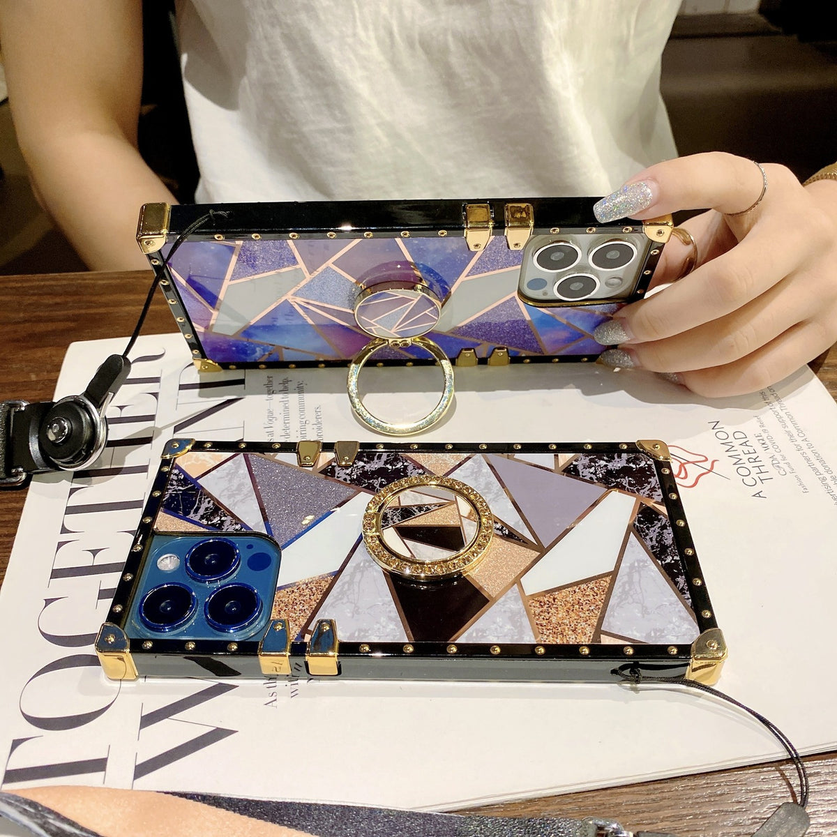 Electroplated spliced glitter soft case with crossbody strap for iPhone 17Pro/16