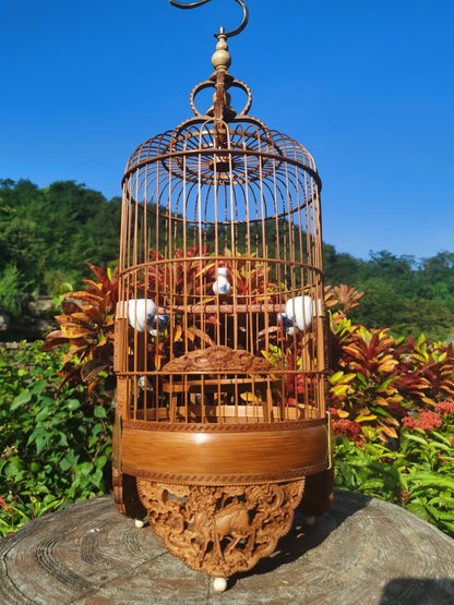 Chinese Carving Oriental Round Shape Bamboo Wood Birdcage Display 22cm