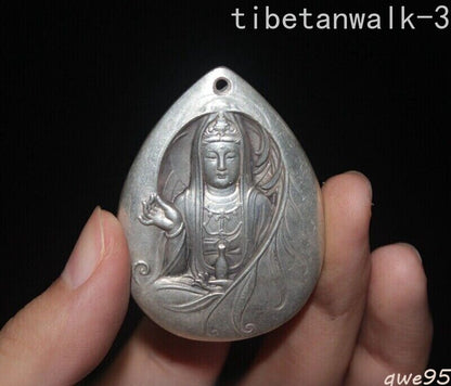 2"in Buddhism Temple Tibetan Silver Feng Shui Guanyin Exorcism Pendant Chinese