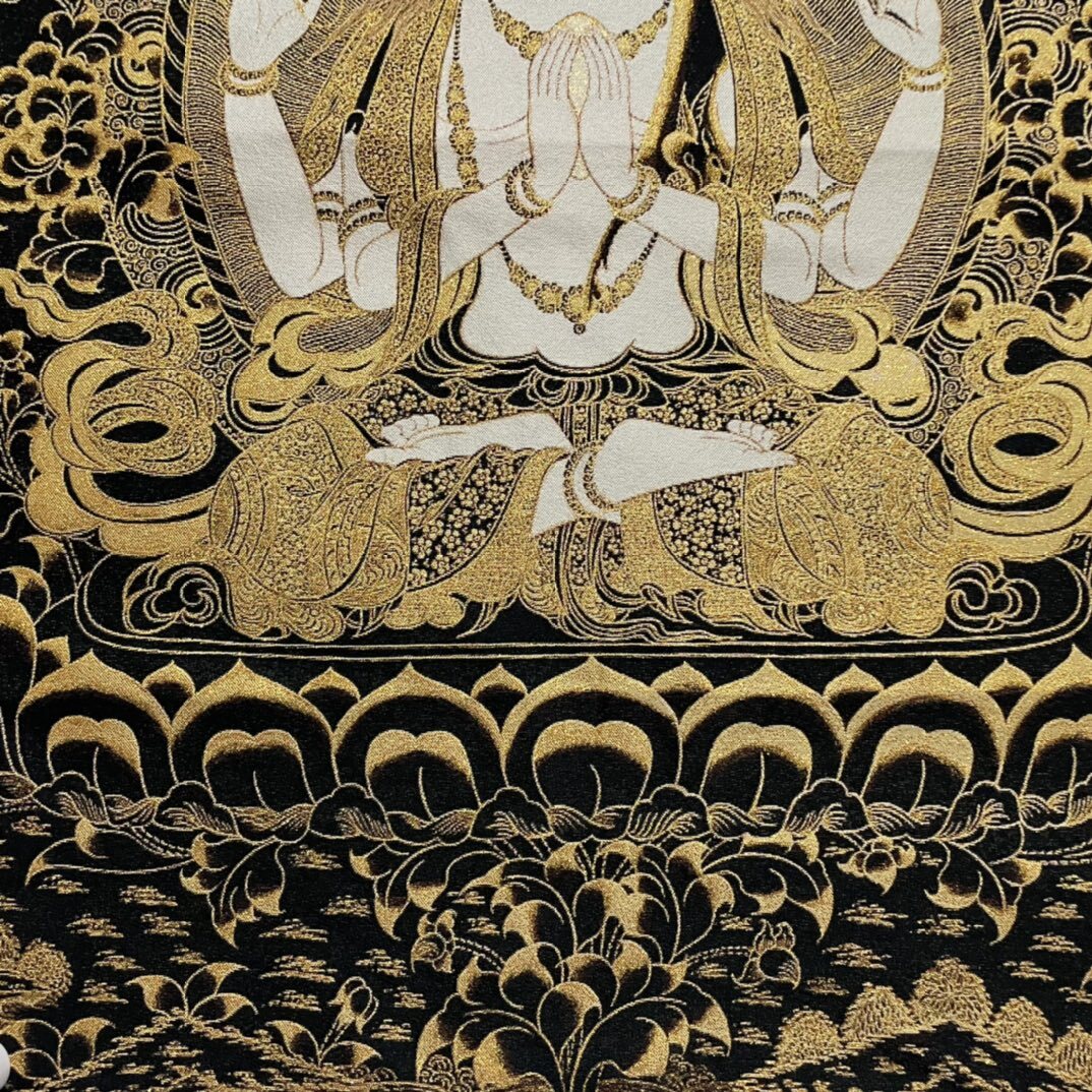 35" Decor Silk Cloth Embroidery black gold 4 Arm kwan yin thangka Mural guanyin