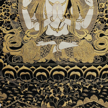35" Decor Silk Cloth Embroidery black gold 4 Arm kwan yin thangka Mural guanyin