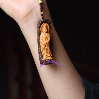 Grade A Natural Wood Carving Guanyin Rulaifo Buddha Couple 2pcs Blessing Pendant
