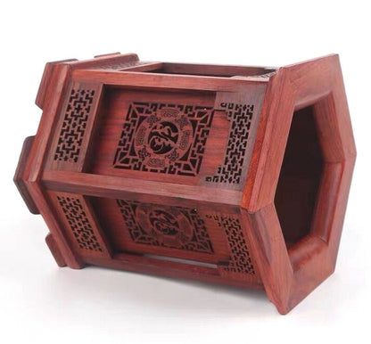 Chinese Rosewood Carved Pen Holder Pencil Study Desk Organizer Statue Decor Gift