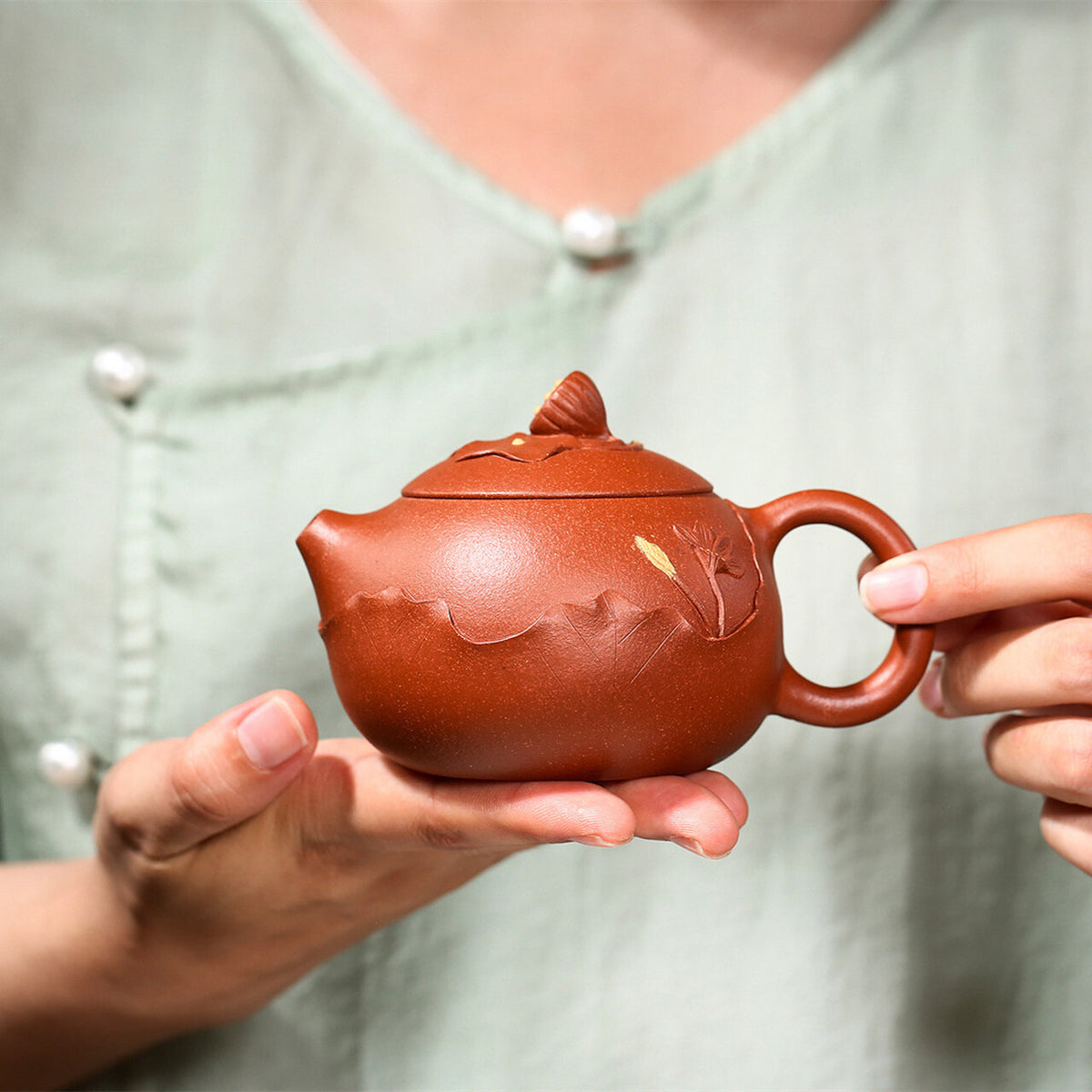 Chinese Original Ore Yixing Zisha Tea Pot Marked Handmade Lotus Embossed Pot New