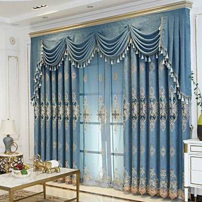 Chenille embroidered European blue cloth curtain tulle valance drape C1296