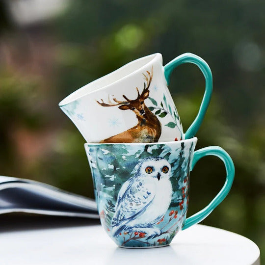 Handpainted Ceramic Tea Mug, Deer Cup, Owl Mug, Fox Mug