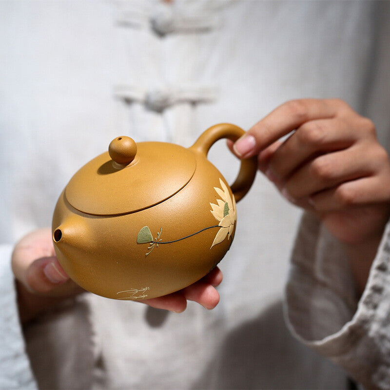 True Yixing Zisha Duan Clay Tea Pot Floral Relief Handmade Xishi Pot Marked Pot