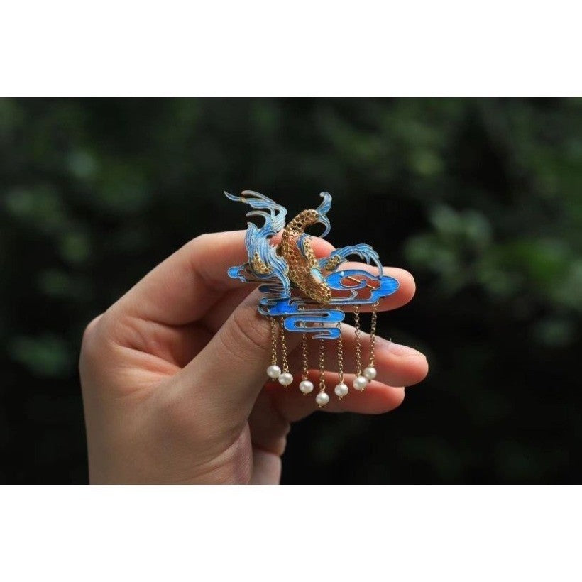 Cloisonné Kunpeng Brooch Filigree Pearl Inlay Kingfisher Feather Art