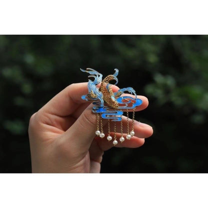 Cloisonné Kunpeng Brooch Filigree Pearl Inlay Kingfisher Feather Art
