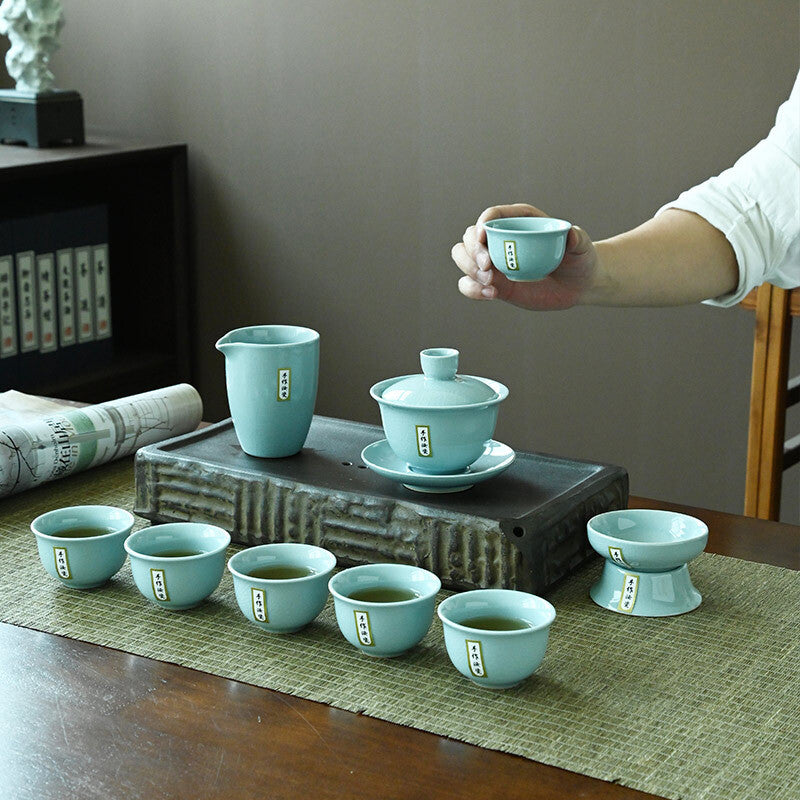 10pcs/lot Ruyao Porcelain Tea Set Crackle Glaze Gaiwan Tea Cup Filter Net Holder