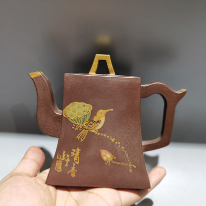 Chinese Yixing Zisha Clay Handmade Exquisite Teapot （四方描金壶 底款：施小马）