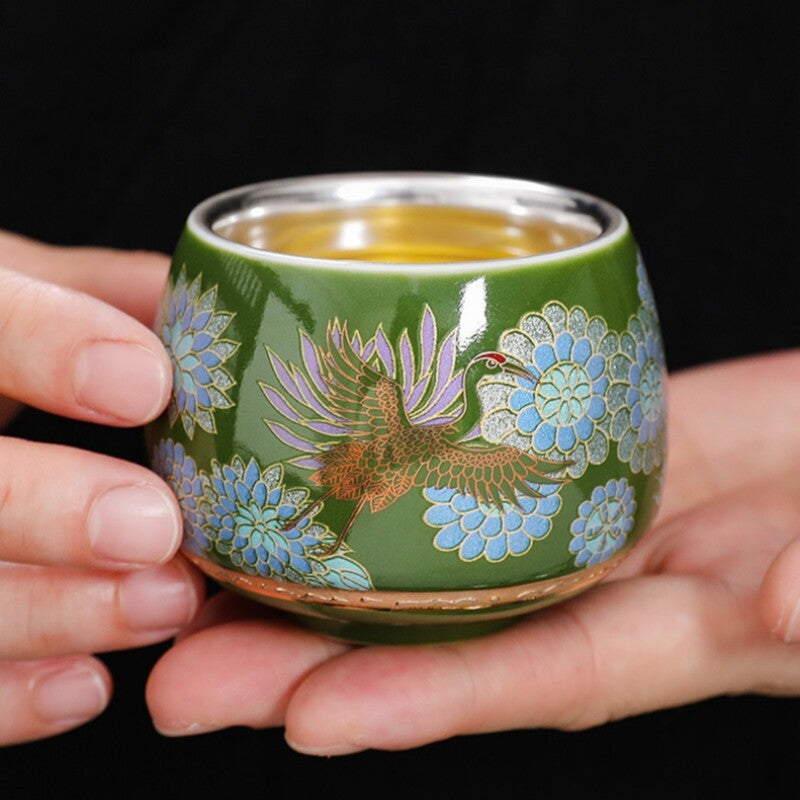 One Cup Ceramic Sterling Silver Tea Cup Antique Style Peony Flower Print Teacups