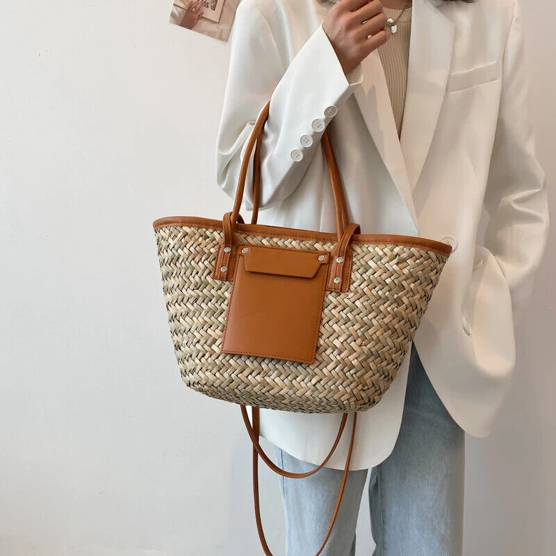 Summer Handmade Bags Women Straw Bags Woven Handle Handbags Bags Shoulder Bag