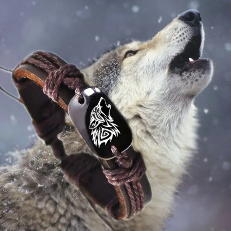 Vintage Fashion Braided Woven Rope Leather Unisex Bracelet Wolf Logo Jewelry