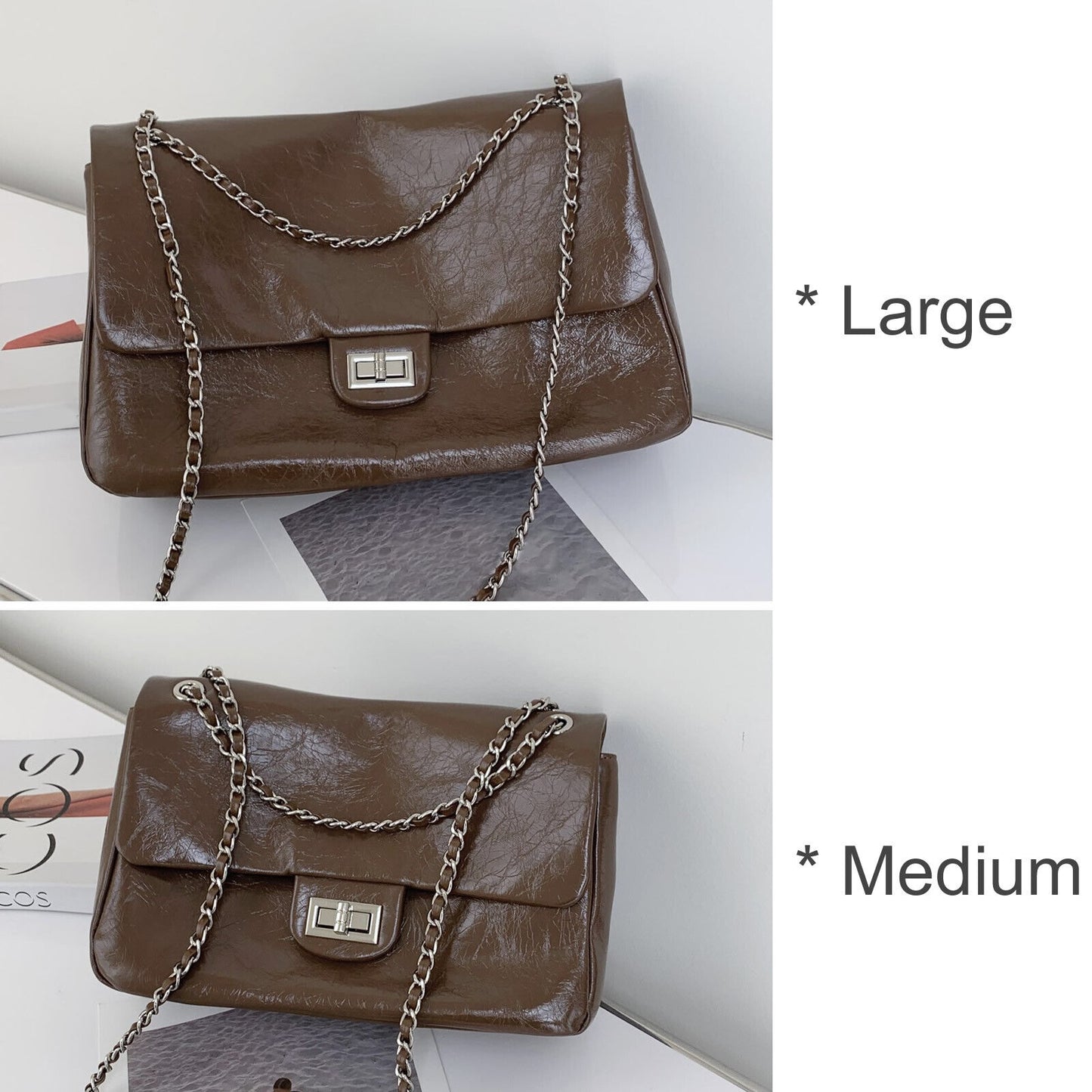 Shiny Real Leather Small Flap Shoulder Bag Purse Double Chains Crossbody Handbag