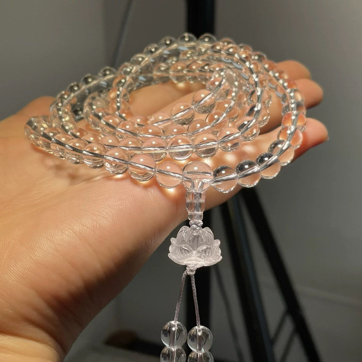 Natural White Crystal 8mm 108 Beads Mala Bracelet Lotus Pendant Unisex Prayer