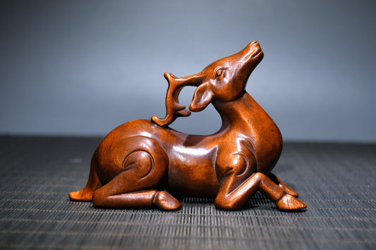 Chinese Antique Boxwood Wood Carving Exquisite Deer Statue Collection Nice Art
