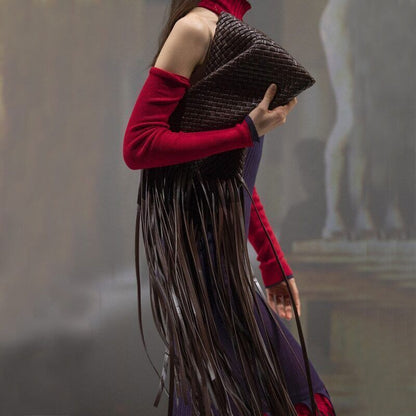 Tassel Clucth Bags Women Leather Woven Lady Handbags Bag Large Party Female