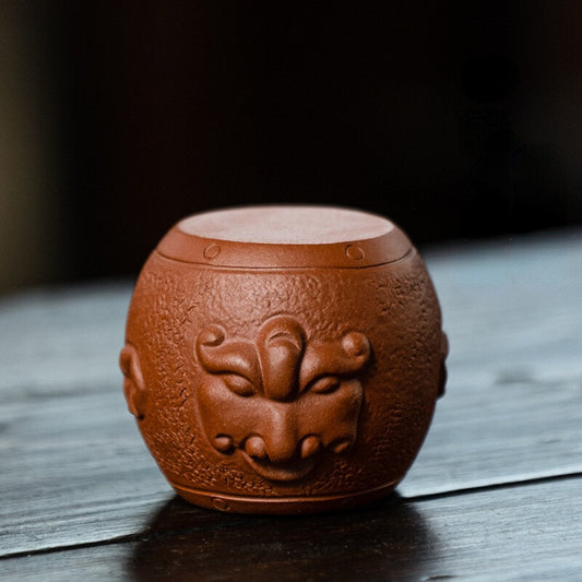 Chinese Yixing Zisha Pottery Lovable Beast Head Drum Tea Pet Statues
