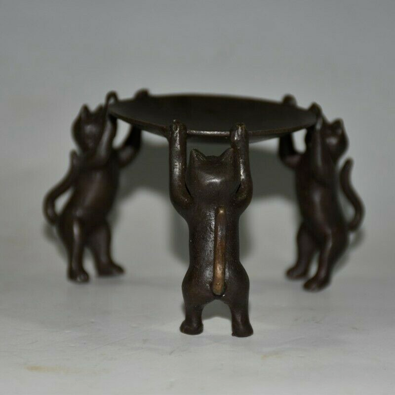 Old Chinese bronze copper handmade Three cats Candlestick statue