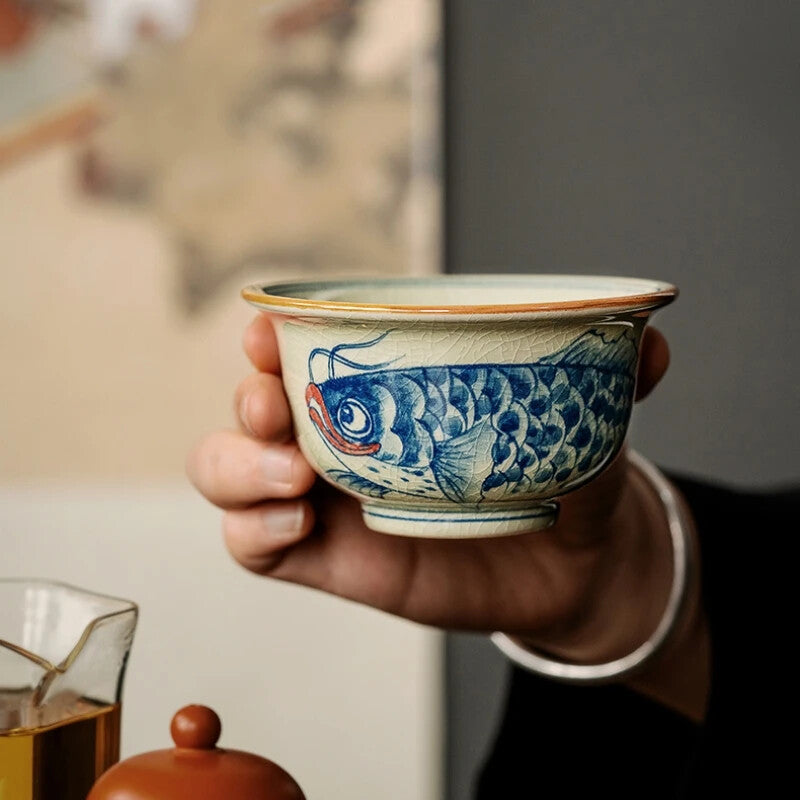 Hand Painted Fish Antique Chinese Cups Ceramic Opening Beautiful Tea Cup 100 ml