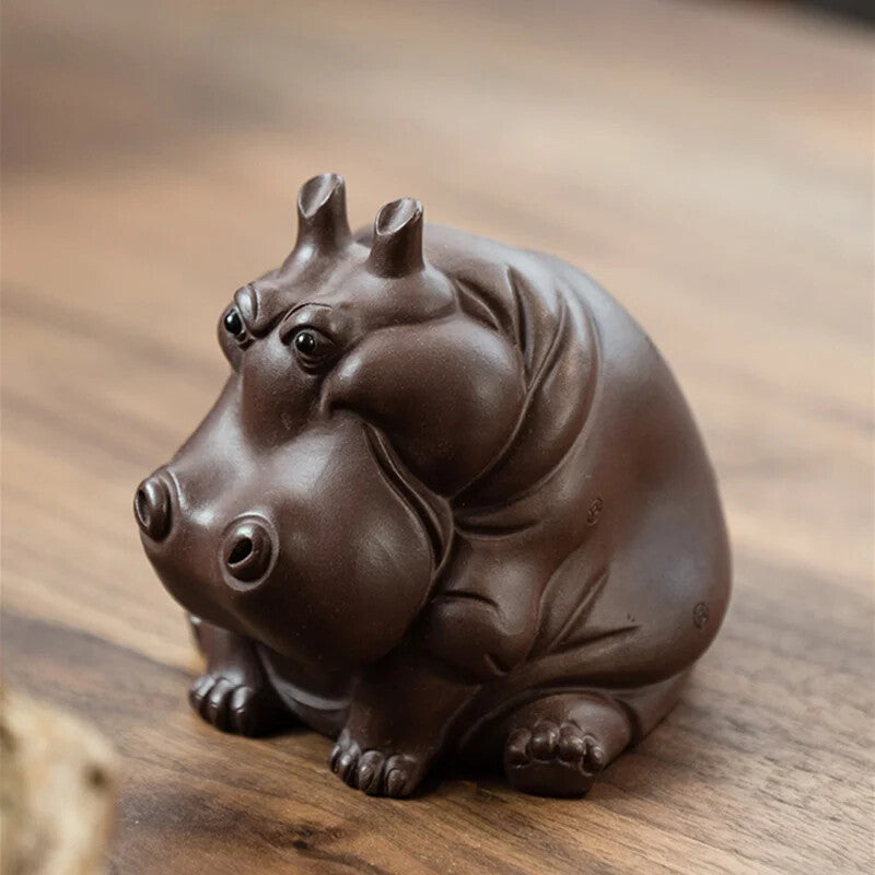 1pair Yixing Purple Clay Tea Pet Chinese LuckHippo Statue Ornaments Handmade