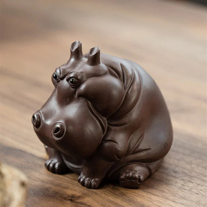 1pair Yixing Purple Clay Tea Pet Chinese LuckHippo Statue Ornaments Handmade