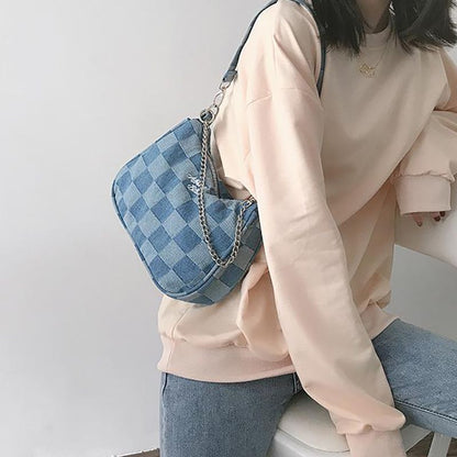 Blue Vintage Japanese Style Chains Women Shoulder Bag Soft Top Handle Purse 1 PC